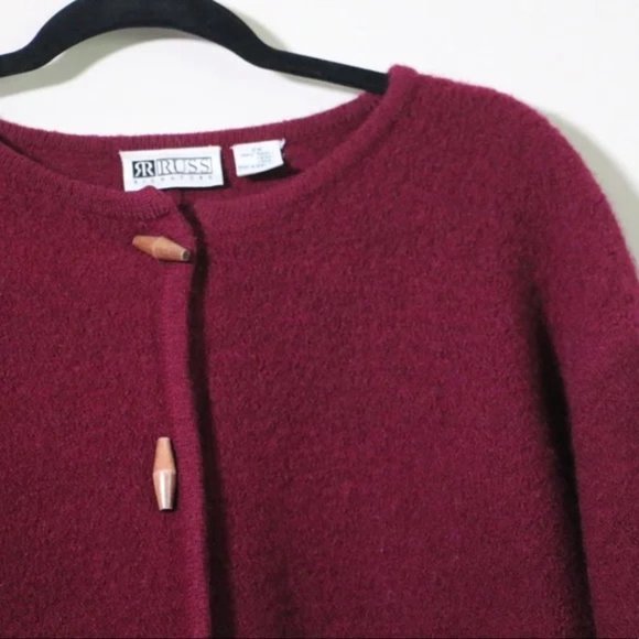 Vintage 100% Wool Knit Sweater Wood Toggles Size in dark red By Russ 2X - Picture 6 of 7